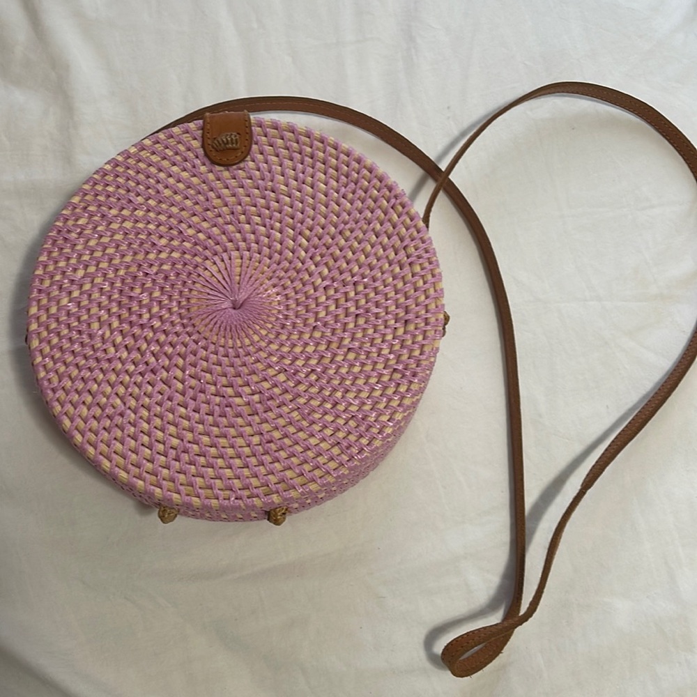 Nordstrom Circular Woven Rattan Canteen Crossbody Bag Pink
